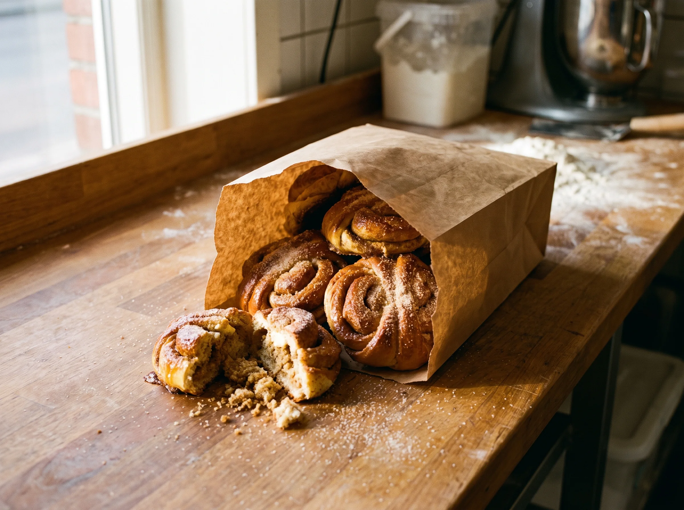 Cardamom buns piled in a brown paper bag on the counter, one torn open, glaze sticky and golden