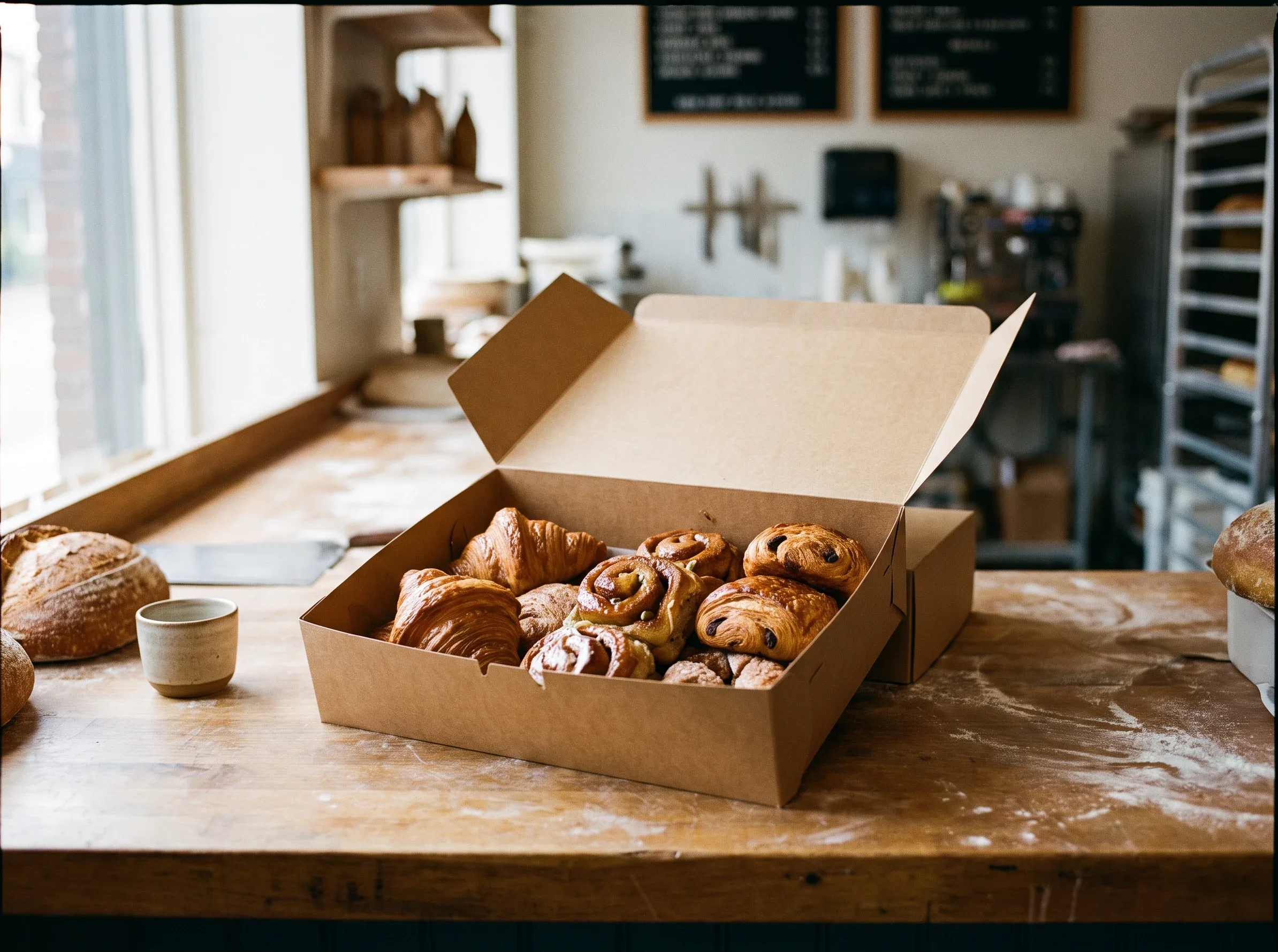 A plain card box of pastries with the lid folded back on the counter