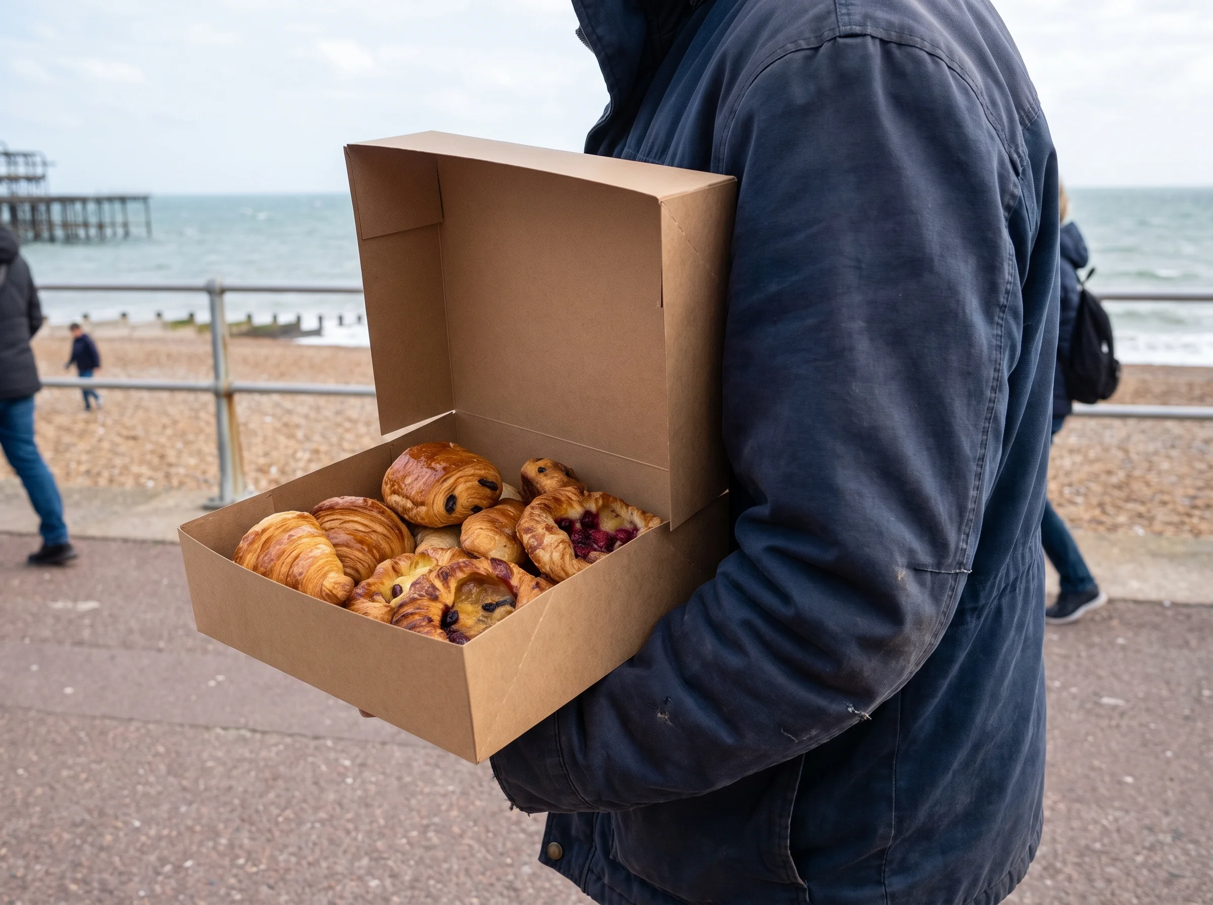 A card box of pastries with the lid folded back, carried under an arm along the promenade with shingle and sea behind